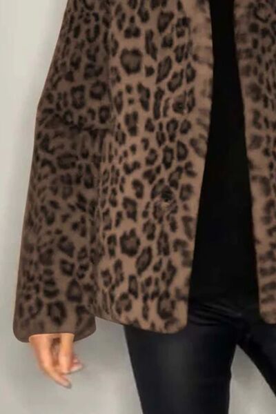 Full Size Leopard Furry Collared Neck Long Sleeve Coat - AlterEgo Trading Company