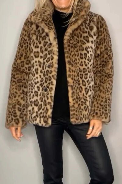 Full Size Leopard Furry Collared Neck Long Sleeve Coat - AlterEgo Trading Company