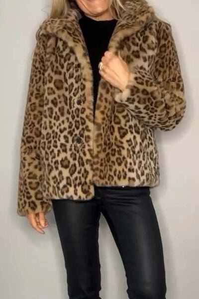 Full Size Leopard Furry Collared Neck Long Sleeve Coat - AlterEgo Trading Company