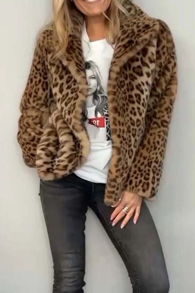 Full Size Leopard Furry Collared Neck Long Sleeve Coat - AlterEgo Trading Company