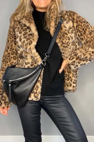 Full Size Leopard Furry Collared Neck Long Sleeve Coat - AlterEgo Trading Company