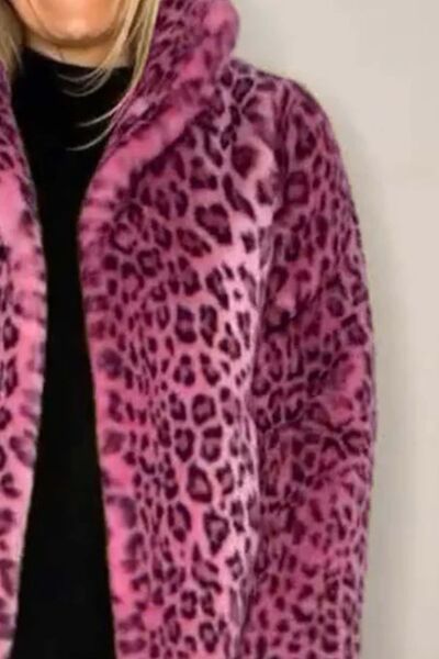 Full Size Leopard Furry Collared Neck Long Sleeve Coat - AlterEgo Trading Company