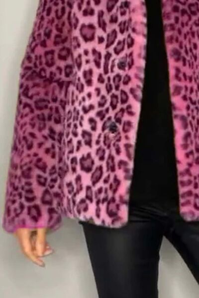 Full Size Leopard Furry Collared Neck Long Sleeve Coat - AlterEgo Trading Company