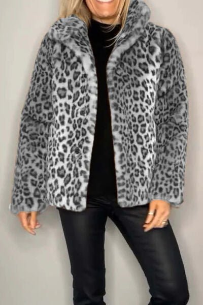 Full Size Leopard Furry Collared Neck Long Sleeve Coat - AlterEgo Trading Company