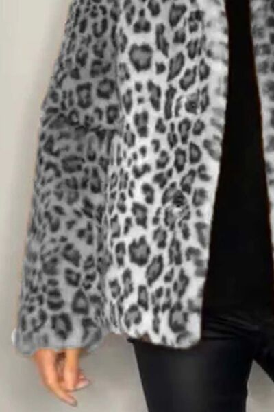 Full Size Leopard Furry Collared Neck Long Sleeve Coat - AlterEgo Trading Company