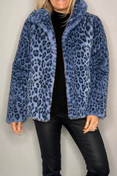 Full Size Leopard Furry Collared Neck Long Sleeve Coat - AlterEgo Trading Company