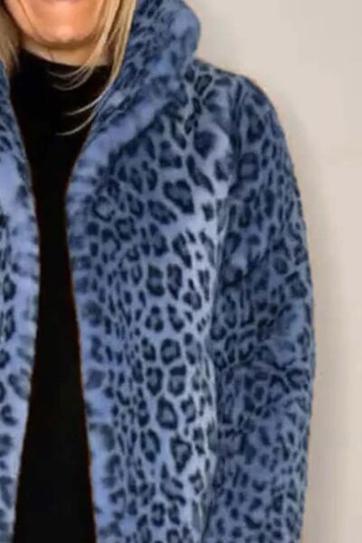 Full Size Leopard Furry Collared Neck Long Sleeve Coat - AlterEgo Trading Company