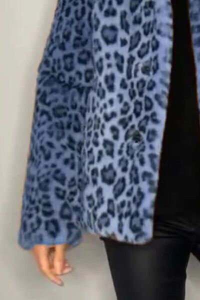 Full Size Leopard Furry Collared Neck Long Sleeve Coat - AlterEgo Trading Company