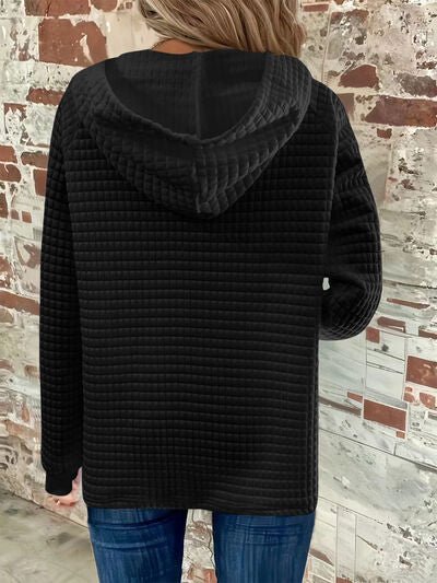 Full Size Texture Button Detail Drawstring Long Sleeve Hoodie - AlterEgo Trading Company