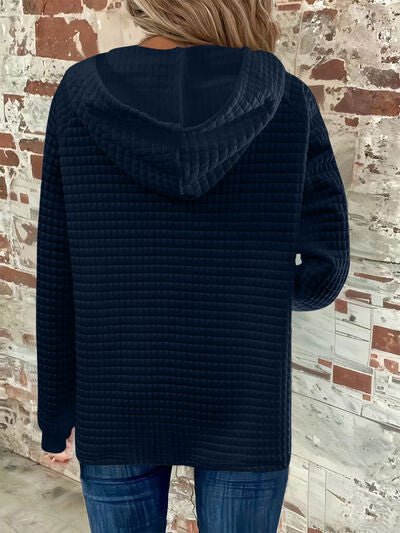 Full Size Texture Button Detail Drawstring Long Sleeve Hoodie - AlterEgo Trading Company