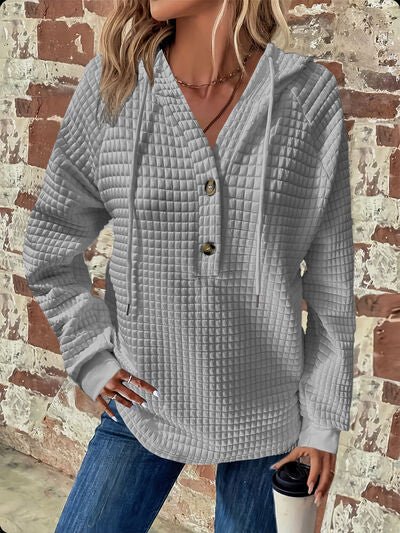 Full Size Texture Button Detail Drawstring Long Sleeve Hoodie - AlterEgo Trading Company