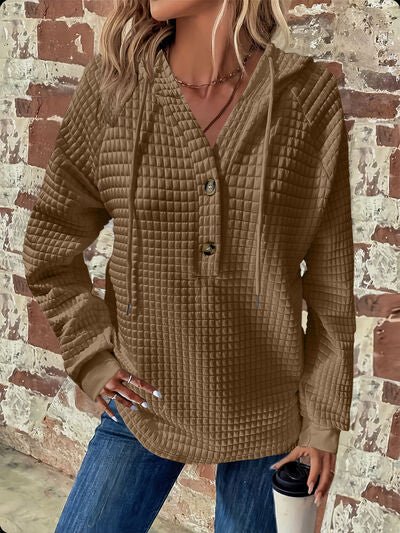 Full Size Texture Button Detail Drawstring Long Sleeve Hoodie - AlterEgo Trading Company