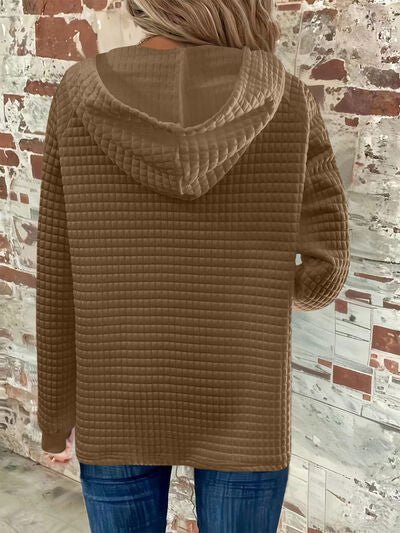 Full Size Texture Button Detail Drawstring Long Sleeve Hoodie - AlterEgo Trading Company