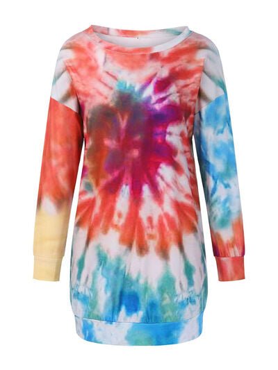 Full Size Tie - Dye Round Neck Long Sleeve Dress - AlterEgo Trading Company