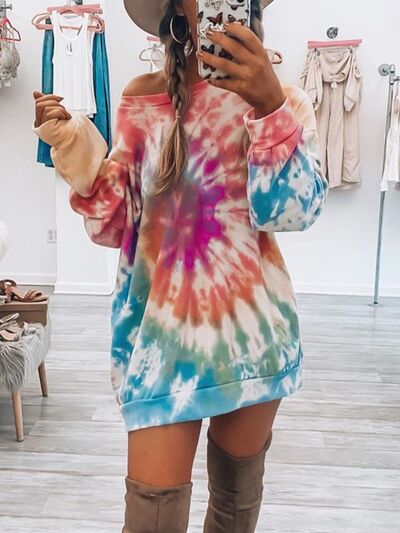 Full Size Tie - Dye Round Neck Long Sleeve Dress - AlterEgo Trading Company