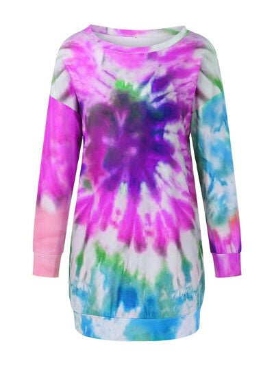 Full Size Tie - Dye Round Neck Long Sleeve Dress - AlterEgo Trading Company