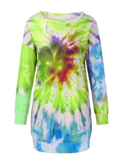 Full Size Tie - Dye Round Neck Long Sleeve Dress - AlterEgo Trading Company