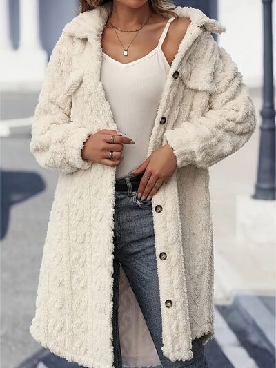 Fuzzy Button Up Long Sleeve Longline Coat - AlterEgo Trading Company