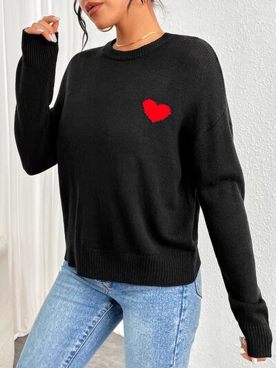 Heart Round Neck Long Sleeve Sweater - AlterEgo Trading Company