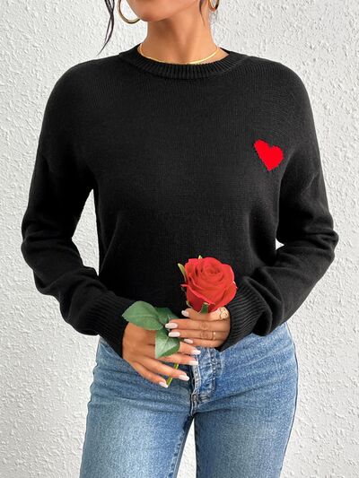 Heart Round Neck Long Sleeve Sweater - AlterEgo Trading Company