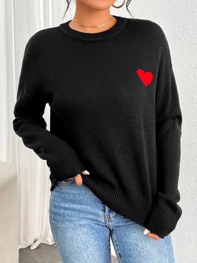 Heart Round Neck Long Sleeve Sweater - AlterEgo Trading Company