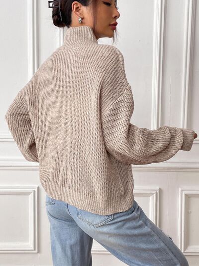 Heart Turtleneck Dropped Shoulder Long Sleeve Sweater - AlterEgo Trading Company