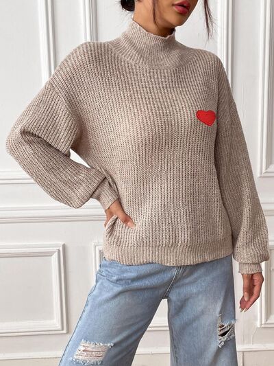 Heart Turtleneck Dropped Shoulder Long Sleeve Sweater - AlterEgo Trading Company