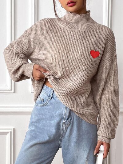 Heart Turtleneck Dropped Shoulder Long Sleeve Sweater - AlterEgo Trading Company