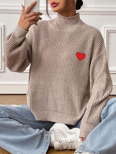 Heart Turtleneck Dropped Shoulder Long Sleeve Sweater - AlterEgo Trading Company