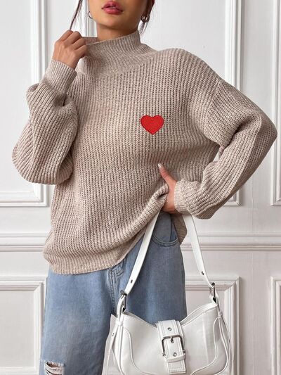 Heart Turtleneck Dropped Shoulder Long Sleeve Sweater - AlterEgo Trading Company