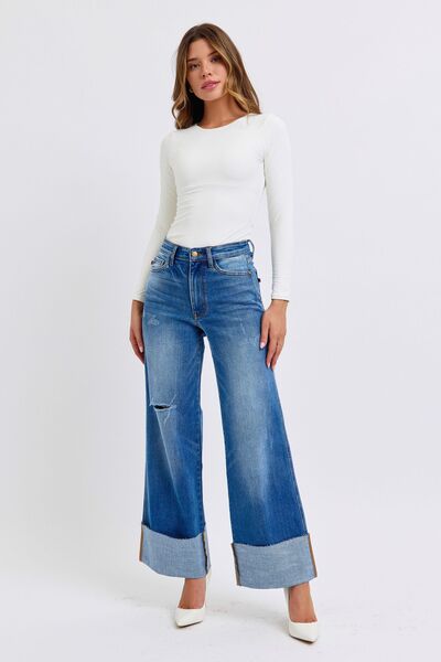 Judy Blue Full Size Distressed High Waist Wide Leg Jeans - AlterEgo Trading Company