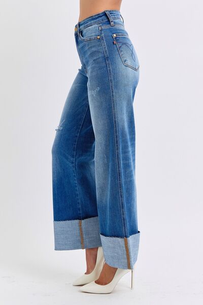 Judy Blue Full Size Distressed High Waist Wide Leg Jeans - AlterEgo Trading Company