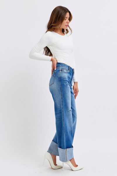 Judy Blue Full Size Distressed High Waist Wide Leg Jeans - AlterEgo Trading Company