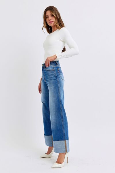 Judy Blue Full Size Distressed High Waist Wide Leg Jeans - AlterEgo Trading Company