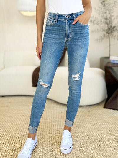 Judy Blue Full Size Mid Rise Destroy & Cuff Skinny Jeans - AlterEgo Trading Company