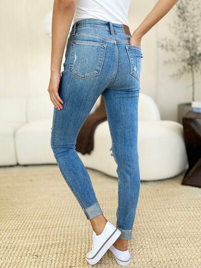 Judy Blue Full Size Mid Rise Destroy & Cuff Skinny Jeans - AlterEgo Trading Company