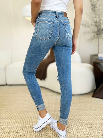 Judy Blue Full Size Mid Rise Destroy & Cuff Skinny Jeans - AlterEgo Trading Company