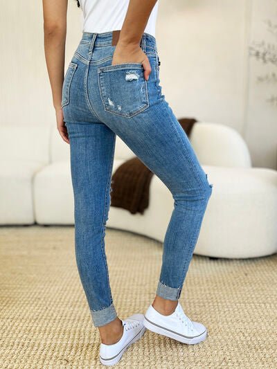 Judy Blue Full Size Mid Rise Destroy & Cuff Skinny Jeans - AlterEgo Trading Company