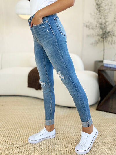 Judy Blue Full Size Mid Rise Destroy & Cuff Skinny Jeans - AlterEgo Trading Company