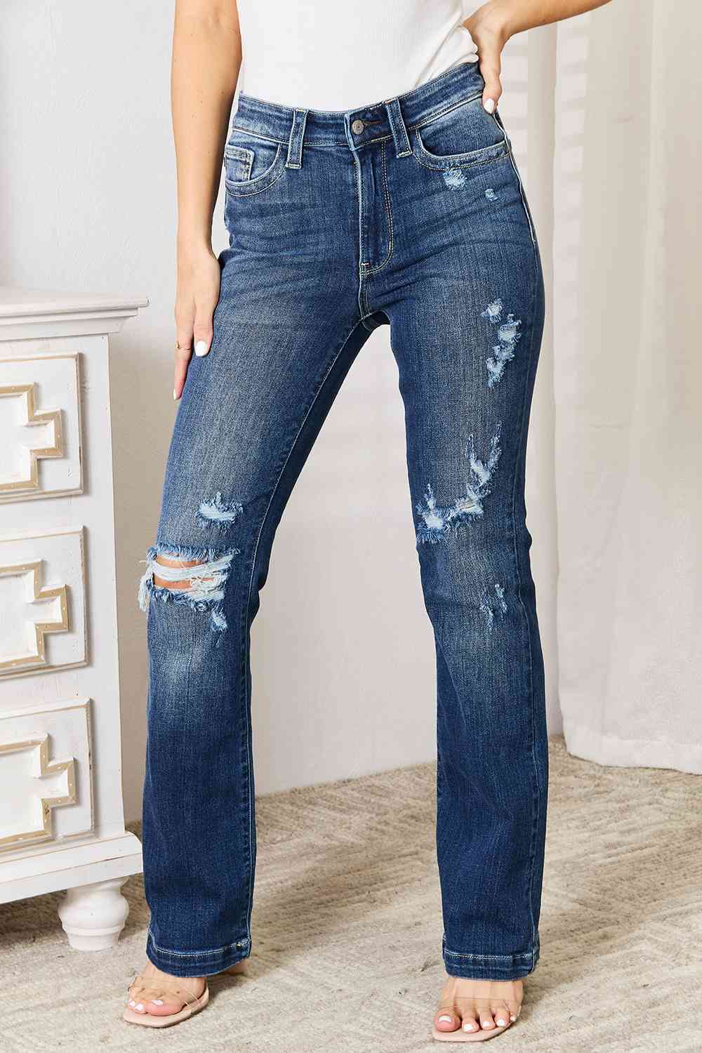 Judy Blue Full Size Mid Rise Hand Sand & Destroy Bootcut Jeans - AlterEgo Trading Company