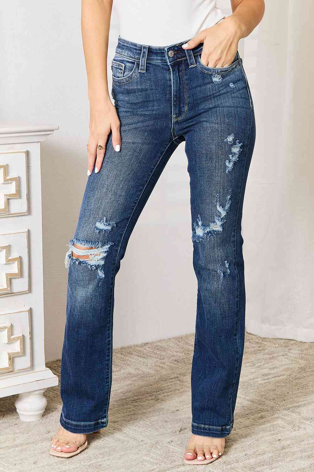 Judy Blue Full Size Mid Rise Hand Sand & Destroy Bootcut Jeans - AlterEgo Trading Company