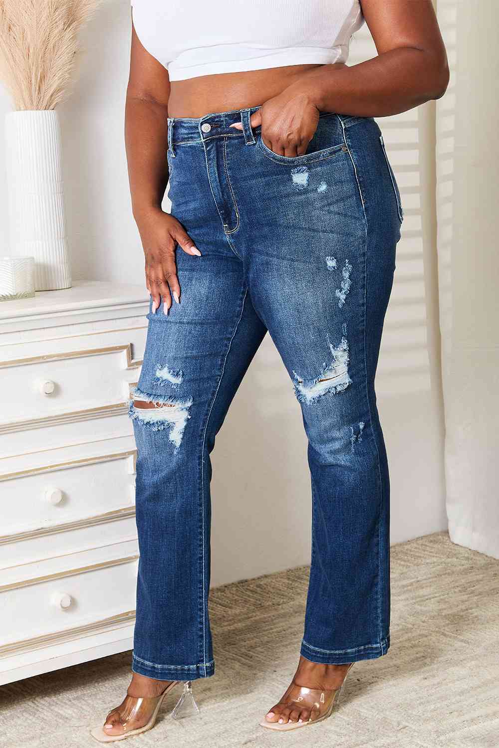 Judy Blue Full Size Mid Rise Hand Sand & Destroy Bootcut Jeans - AlterEgo Trading Company