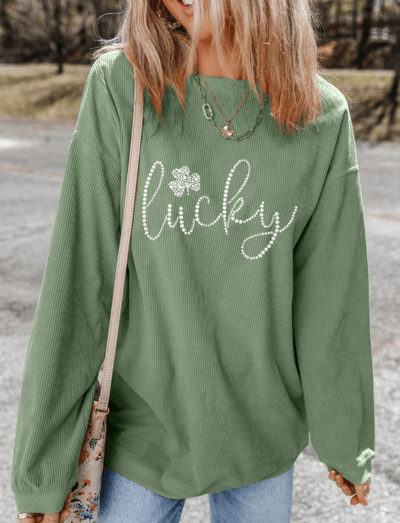 LUCKY Rhinestone Round Neck Long Sleeve Sweatshirt - AlterEgo Trading Company