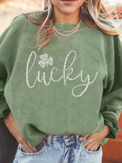 LUCKY Rhinestone Round Neck Long Sleeve Sweatshirt - AlterEgo Trading Company