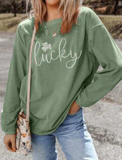 LUCKY Rhinestone Round Neck Long Sleeve Sweatshirt - AlterEgo Trading Company