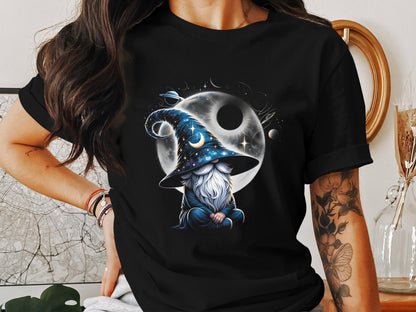 Magical Gnome Illustration T-Shirt, Celestial Sorcerer Graphic Tee, Fantasy Art Shirt, Mystical Space Design Apparel, Unisex Gift - Trendy AF