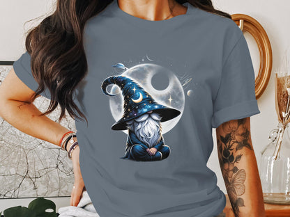 Magical Gnome Illustration T-Shirt, Celestial Sorcerer Graphic Tee, Fantasy Art Shirt, Mystical Space Design Apparel, Unisex Gift - Trendy AF