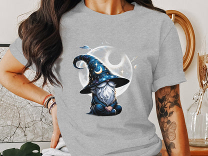 Magical Gnome Illustration T-Shirt, Celestial Sorcerer Graphic Tee, Fantasy Art Shirt, Mystical Space Design Apparel, Unisex Gift - Trendy AF