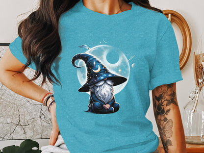 Magical Gnome Illustration T-Shirt, Celestial Sorcerer Graphic Tee, Fantasy Art Shirt, Mystical Space Design Apparel, Unisex Gift - Trendy AF