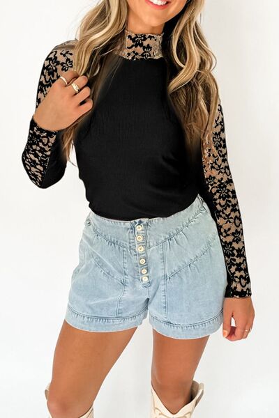 Mock Neck Long Sleeve Lace Patchwork T-Shirt - AlterEgo Trading Company